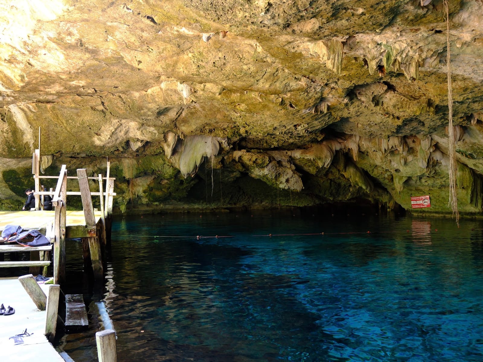Plataforma de madera y agua cristalina bajo las estalactitas del Cenote Dos Ojos