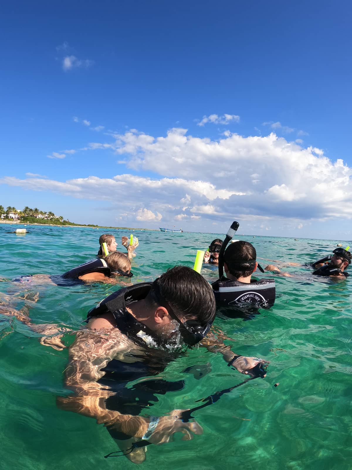 Group of snorkelers in clear turquoise water at Akumal Bay on an Akbay Tours excursion