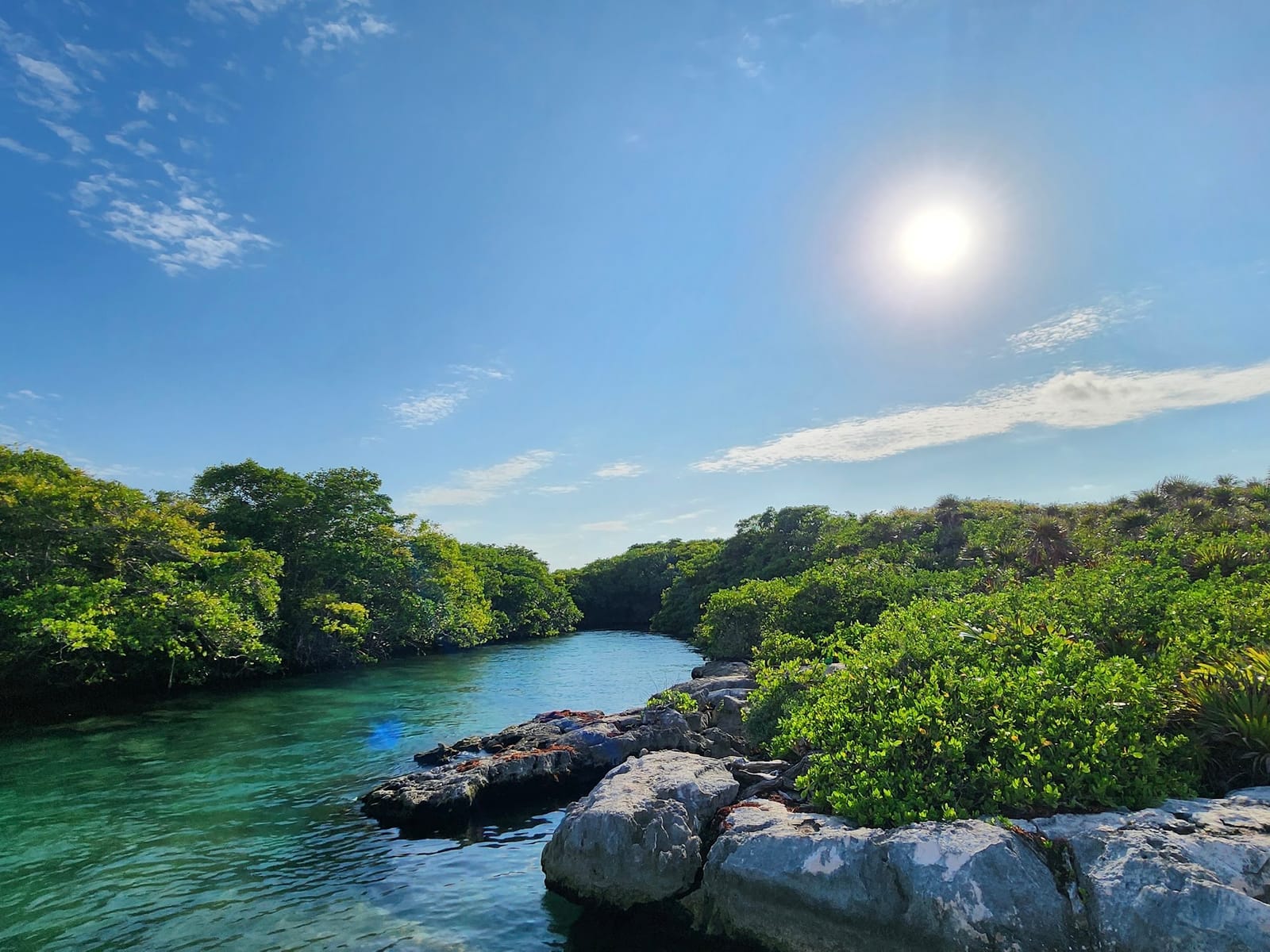 Canal de la Laguna Yal-Kú bordeado de rocas calizas y vegetación en un día soleado