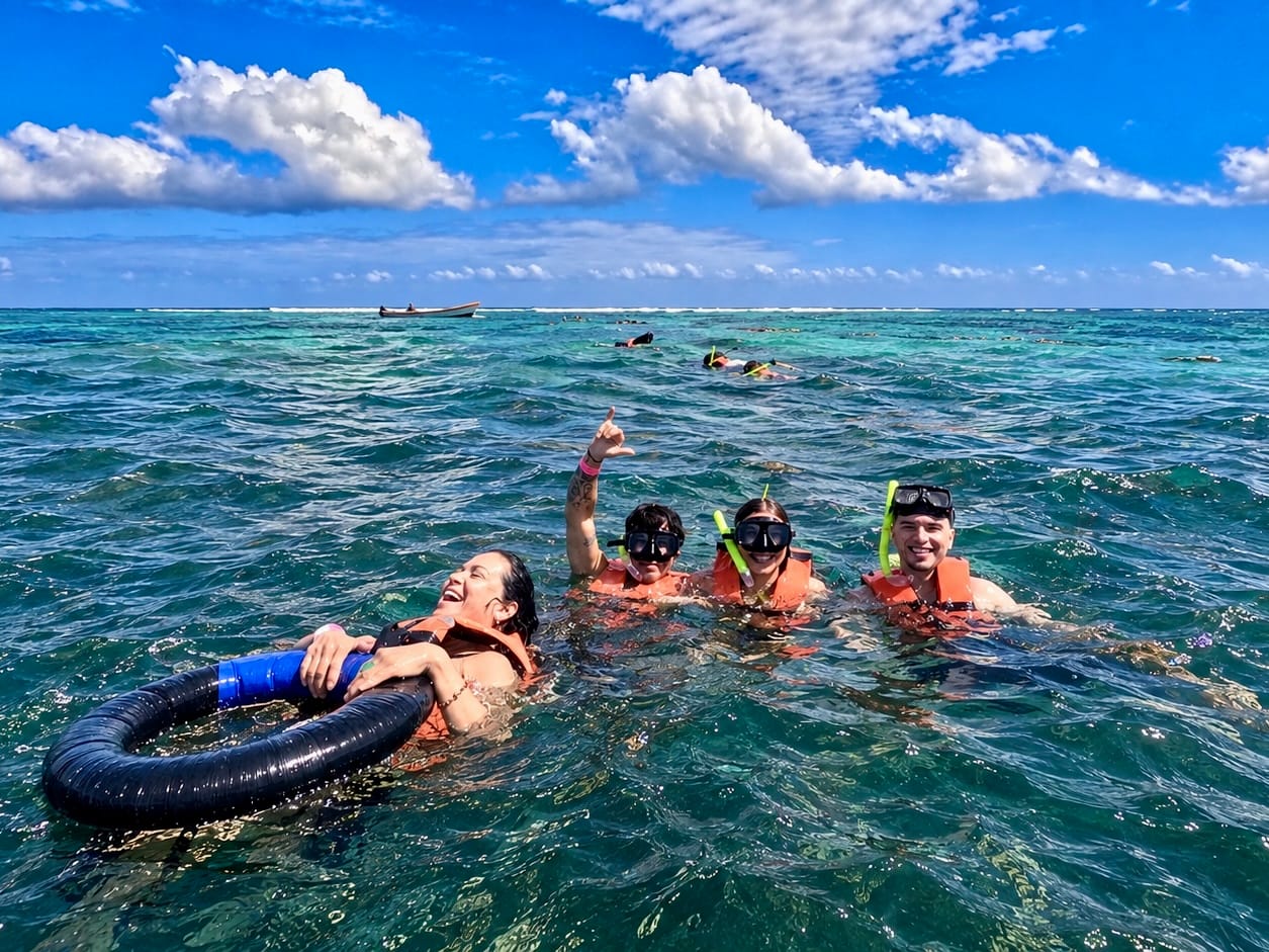 Participantes con chaleco riendo en la superficie durante el nado guiado, Bahía de Akumal