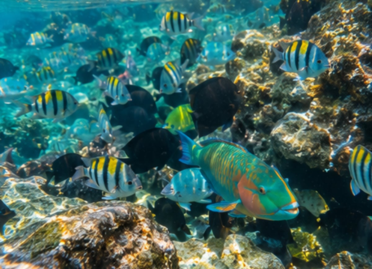 Dense school of sergeant fish and parrot fish over the coral of Laguna Yal-Kú