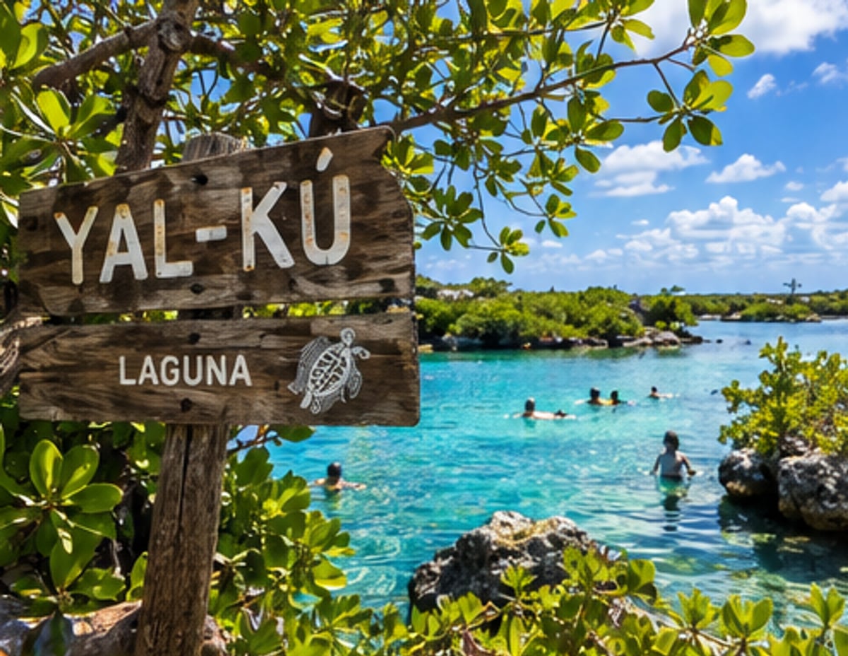 YAL-KÚ LAGUNA wooden sign with snorkelers in the background, Akumal Mexico
