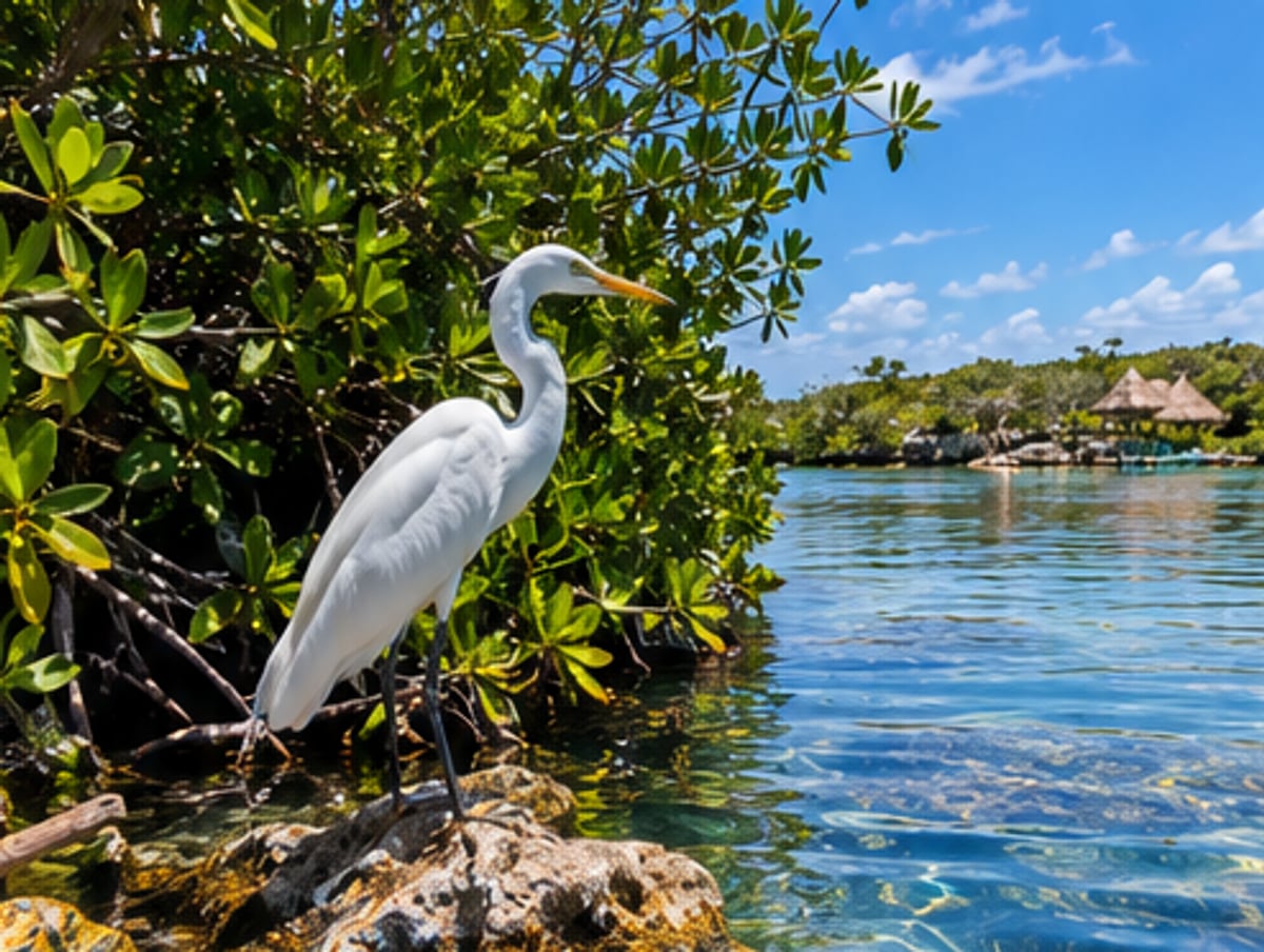 White egret standing in the mangroves at the entrance of Laguna Yal-Kú