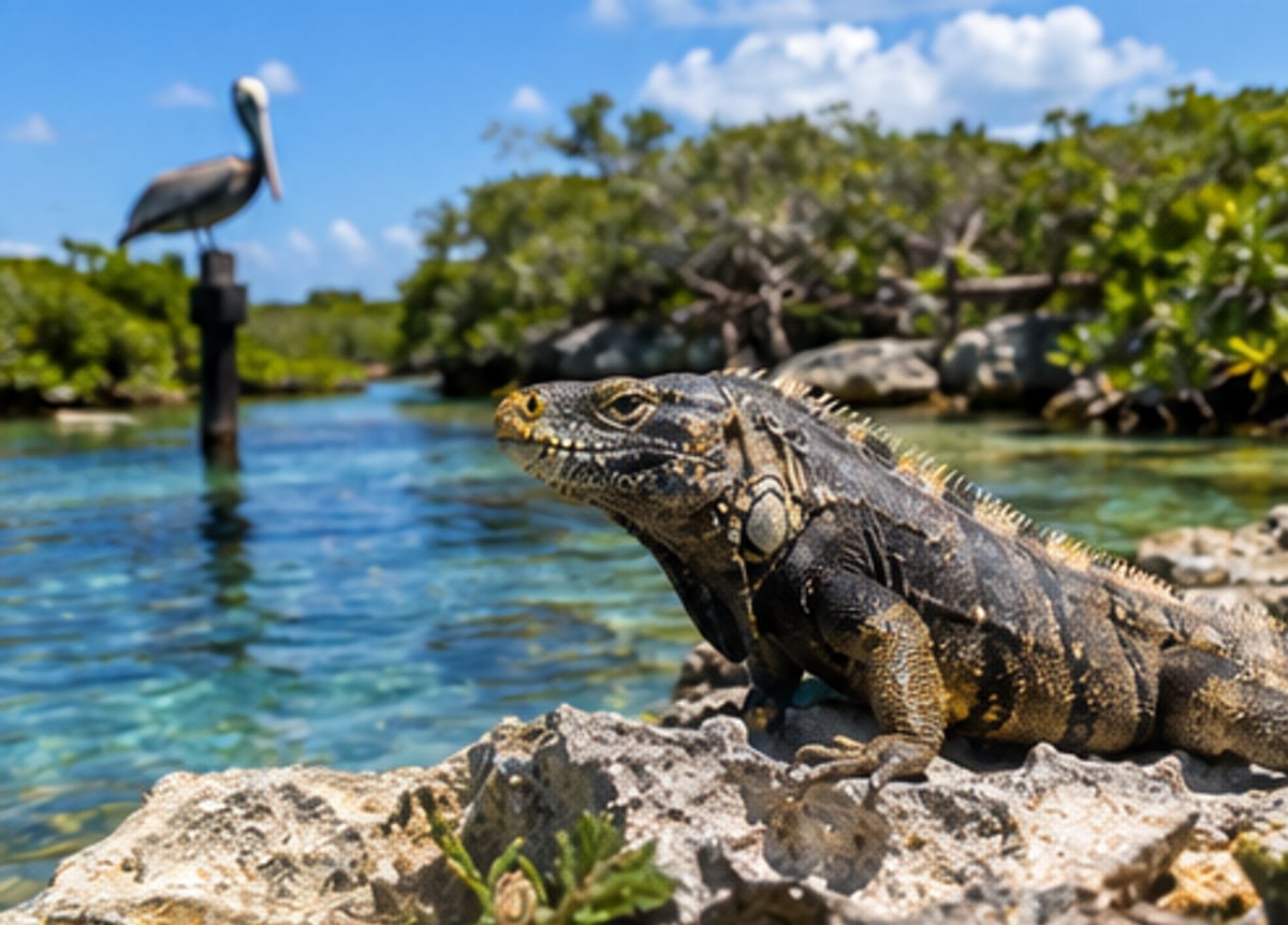 Iguana resting on rocks at the edge of Laguna Yal-Kú with a pelican in the background