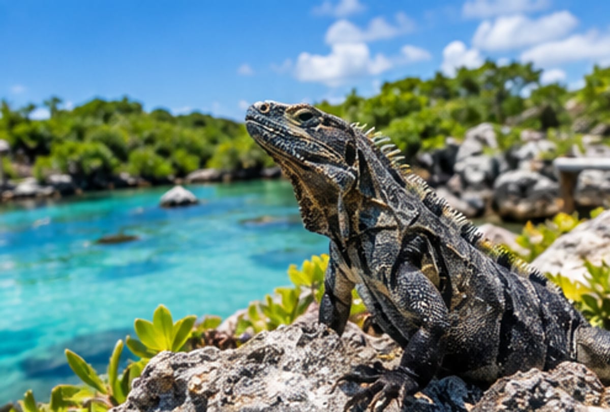 Black iguana basking on limestone rocks by Laguna Yal-Kú, Akumal Mexico