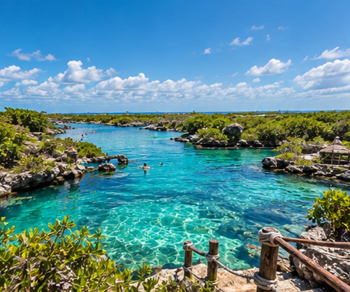 Turquoise channel of Laguna Yal-Kú with wooden railing and mangroves, Akumal Mexico