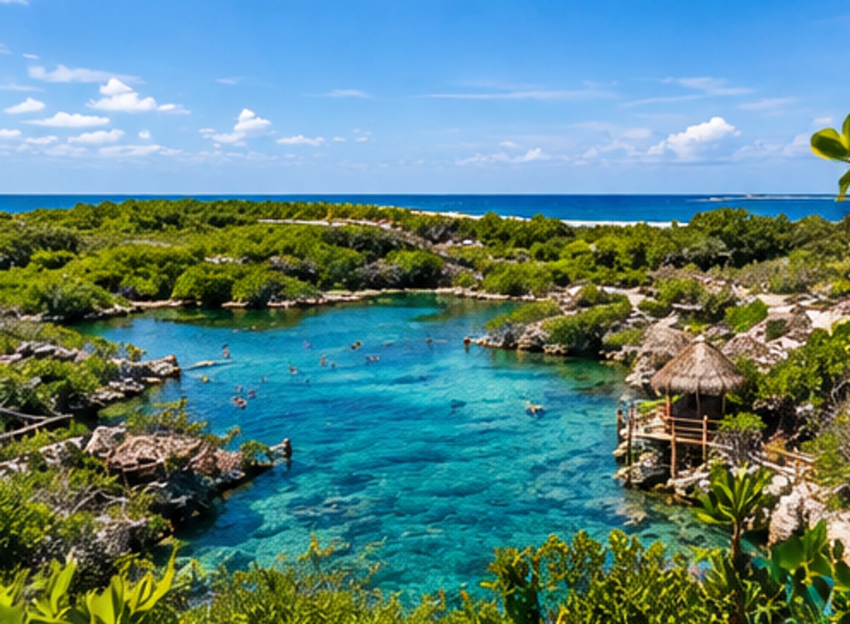 Aerial panoramic view of Laguna Yal-Kú turquoise waters surrounded by mangroves and Caribbean Sea