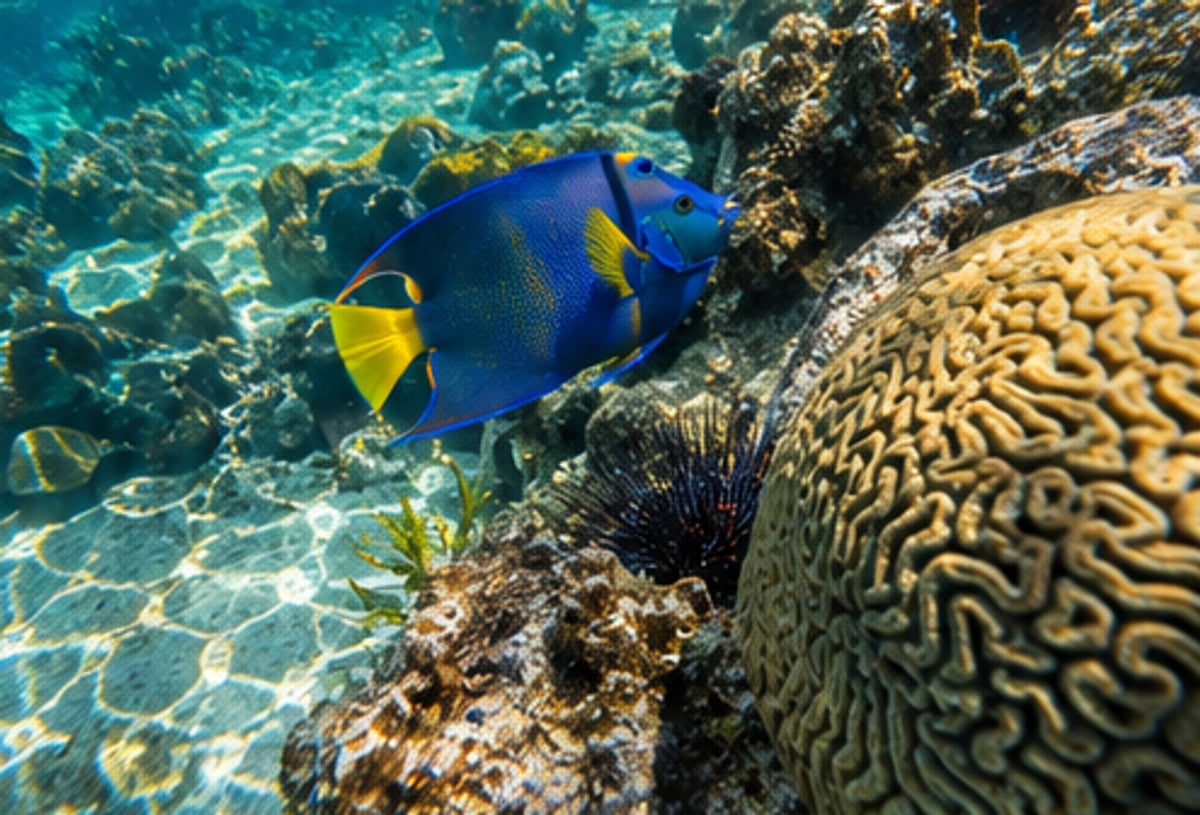 Vivid blue and yellow queen triggerfish over coral reef in Laguna Yal-Kú