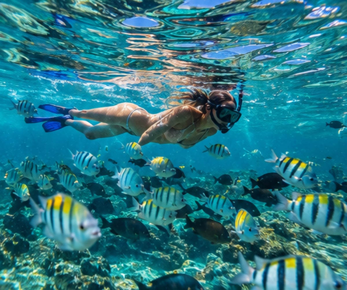 Woman snorkeling through a school of tropical fish in crystal-clear Laguna Yal-Kú