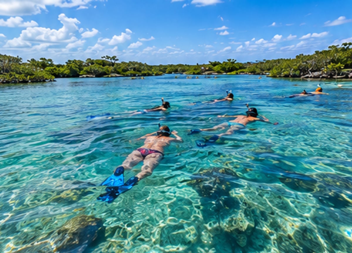 Group of snorkelers exploring the clear channel of Laguna Yal-Kú from above