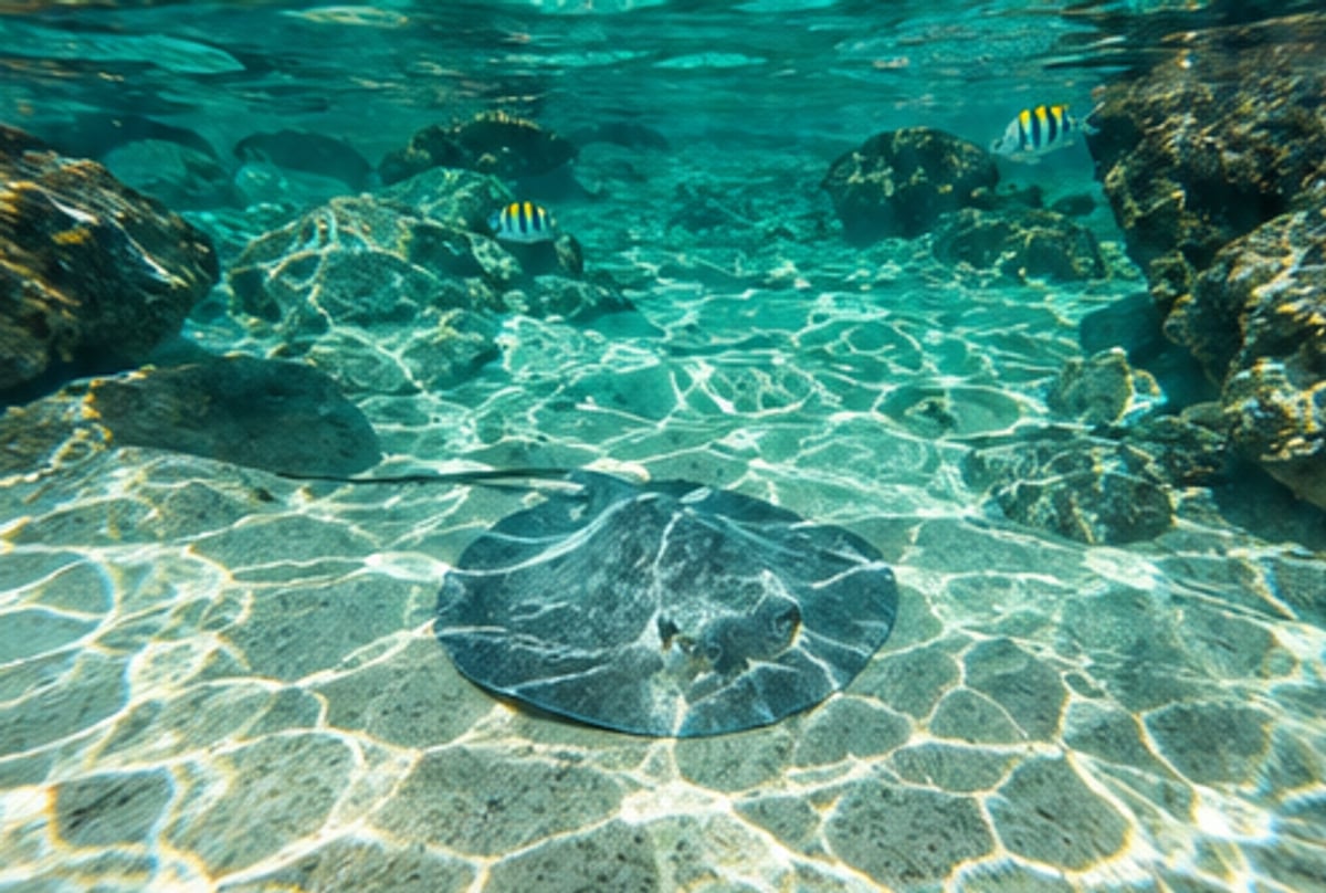 Sea turtle seen from above gliding over the sandy bottom of Laguna Yal-Kú